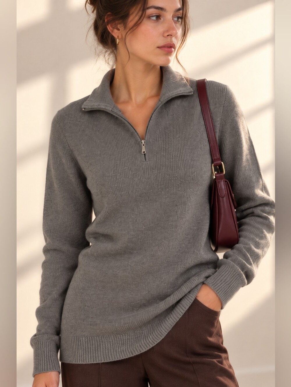 Simons Pure Extra Fine New Merino Wool Gray Half-Zip Knit Sweater Classic Casual